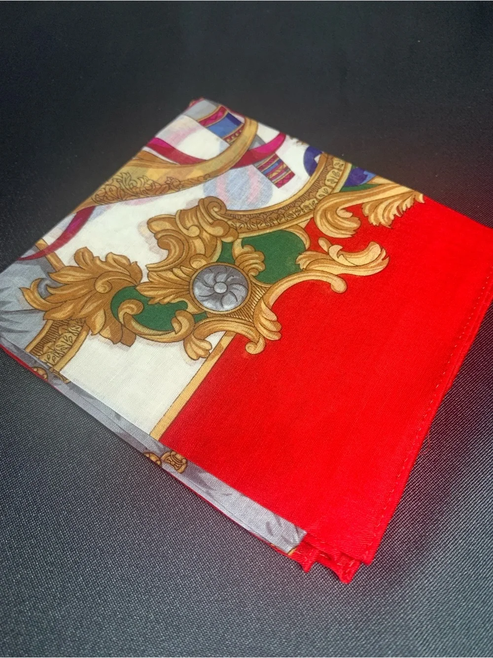 Celine Red Mini Scarf with Gold & Green Baroque Motif